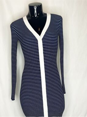STAUD Navy White Striped Rib Knit Dress Small